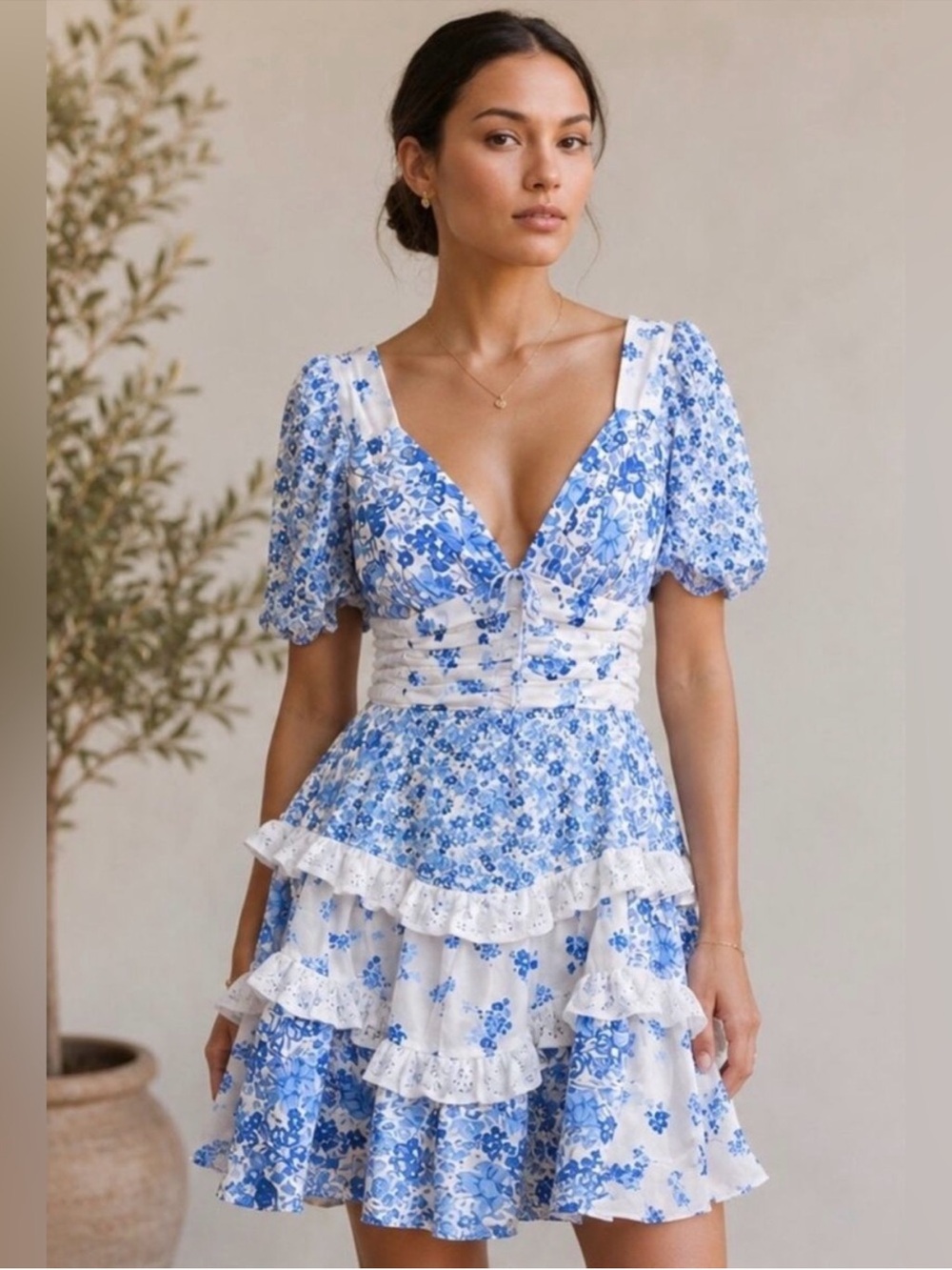 Altar'd State Blue & White Floral Tiered Mini Dress